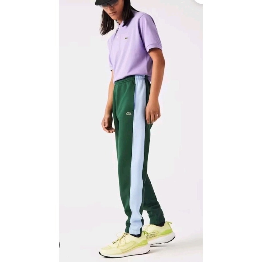 Lacoste Sport Pant Men L Green Blue Fleece Jogger Side Stripe Logo Semi Fency